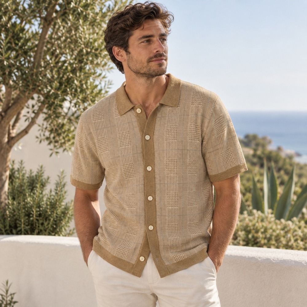 J.Crew Short-sleeve heritage cotton sweater-polo in windowpane jacquard Mens XL